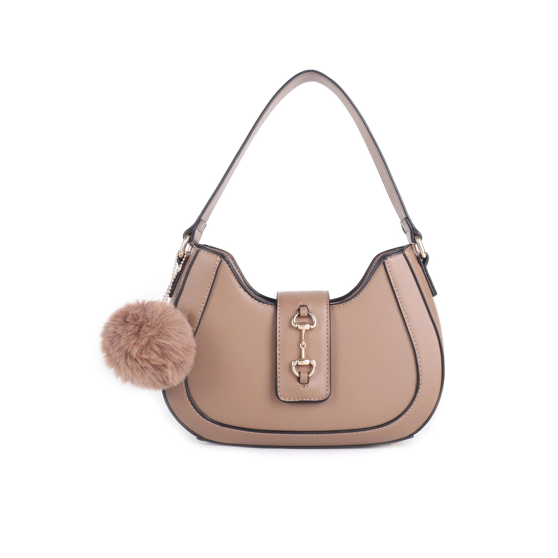 Classic Shoulder Bag With Pom Pom Key Chain - Sleek Styles