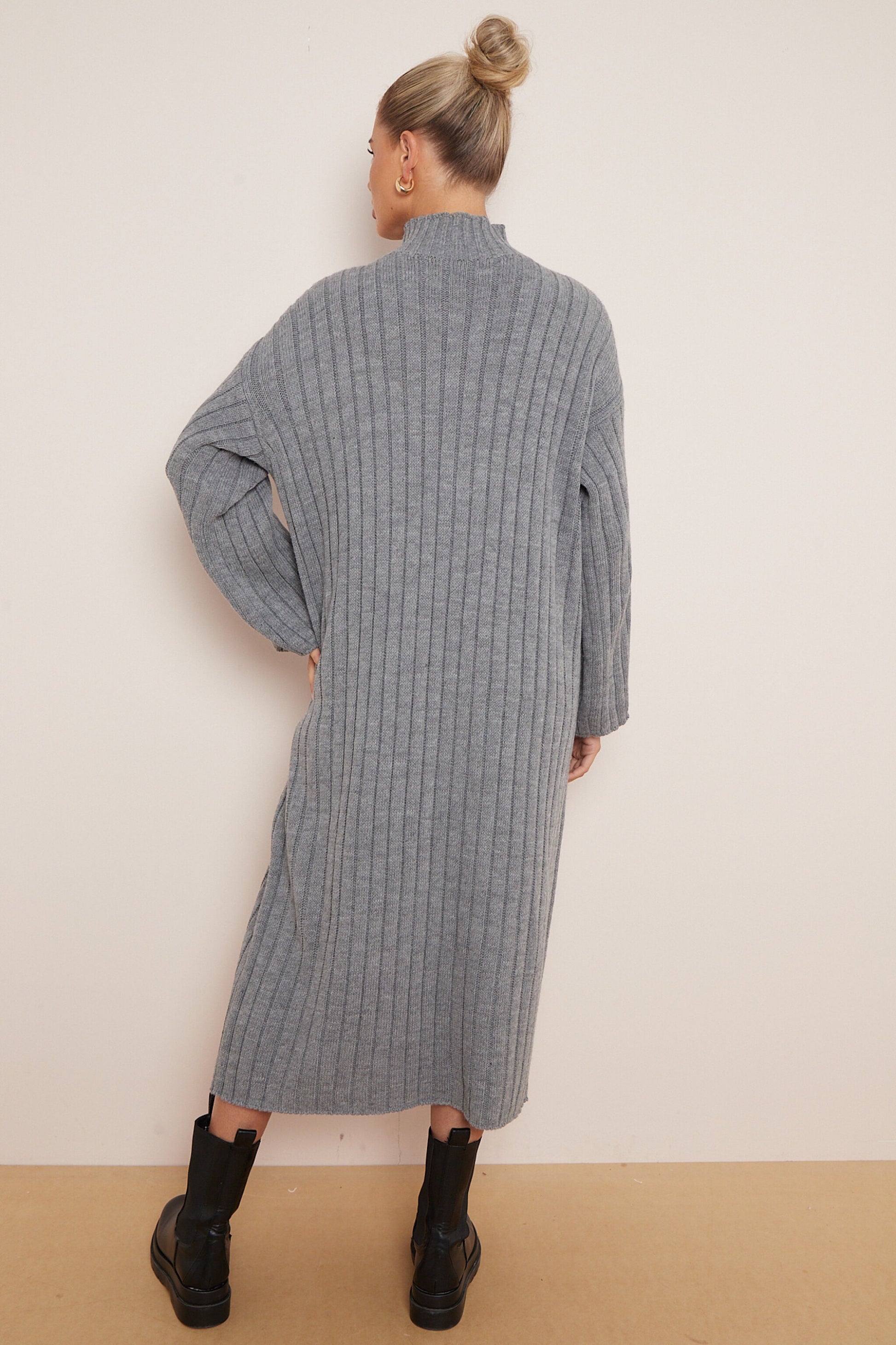 High Neck Knitted Ribbed Dress - Sleek Styles