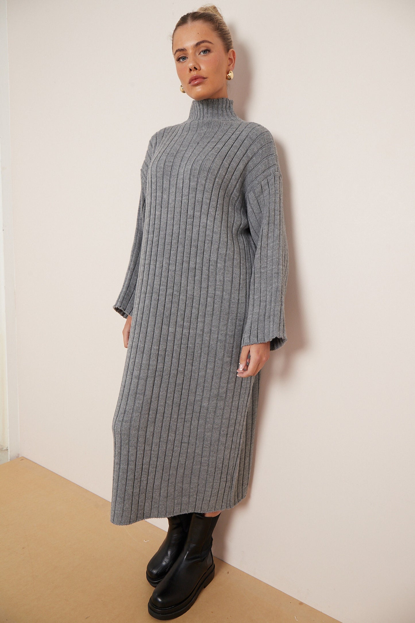 High Neck Knitted Ribbed Dress - Sleek Styles