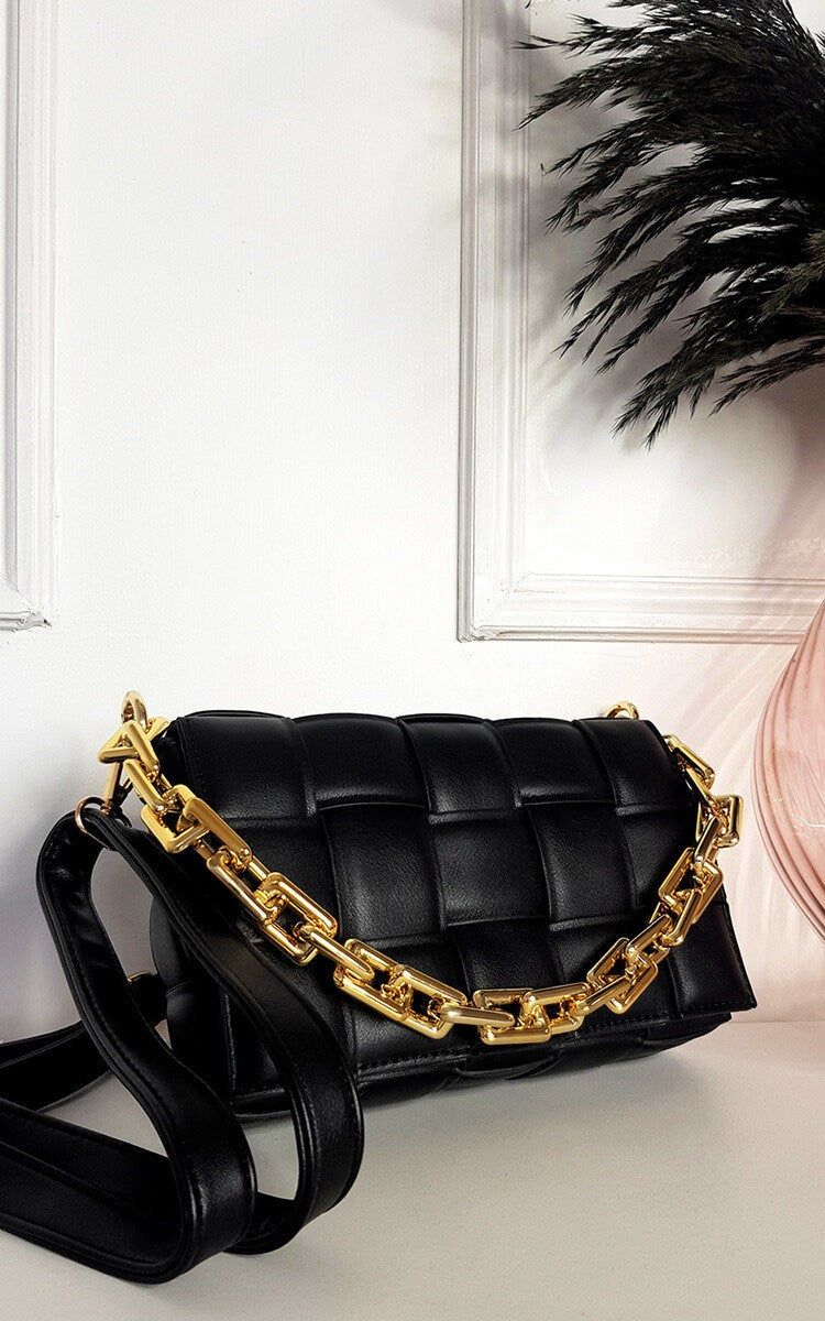 Padded Shoulder Bag with Chain Detail in Black - Sleek Styles