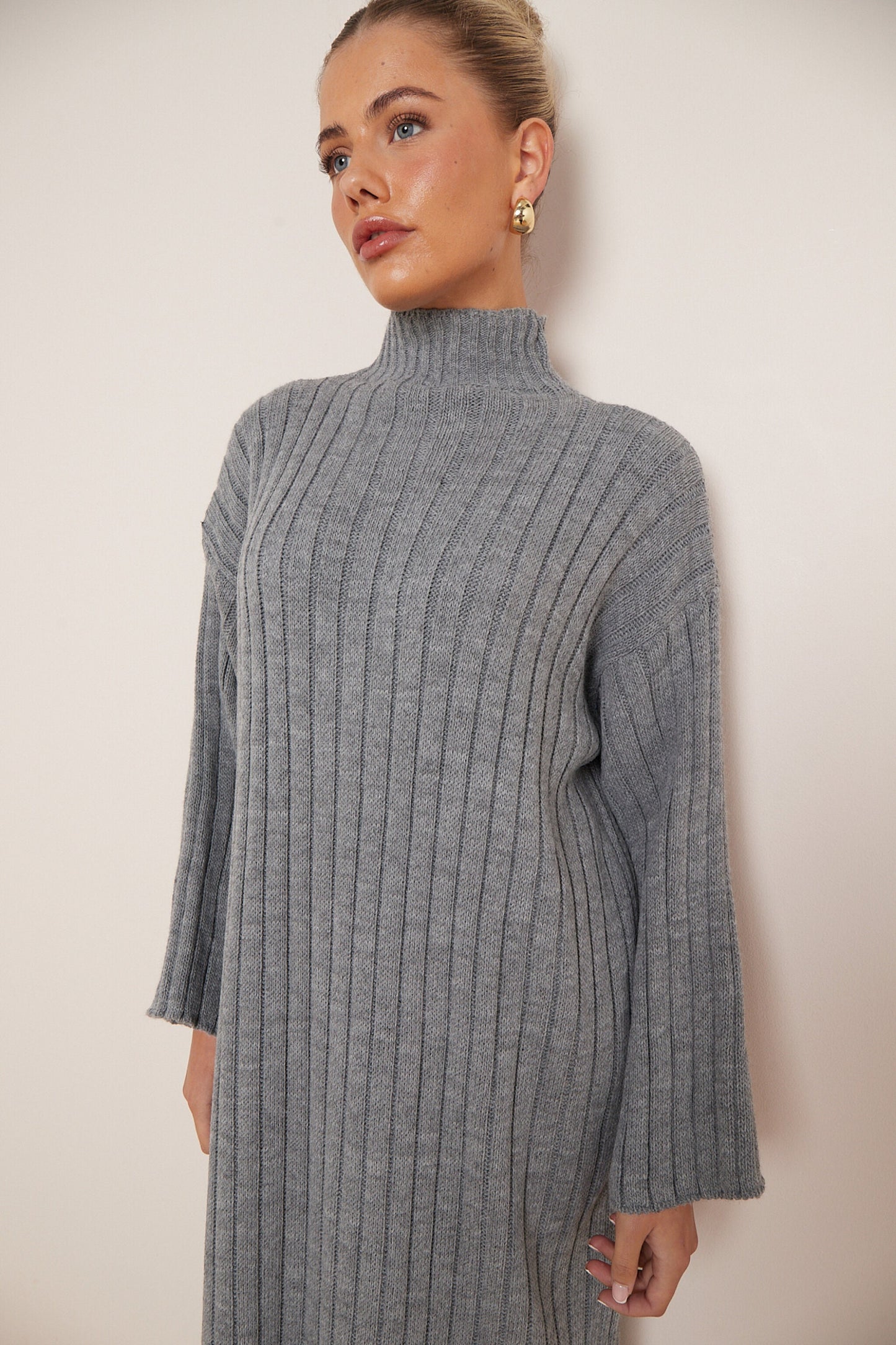 High Neck Knitted Ribbed Dress - Sleek Styles