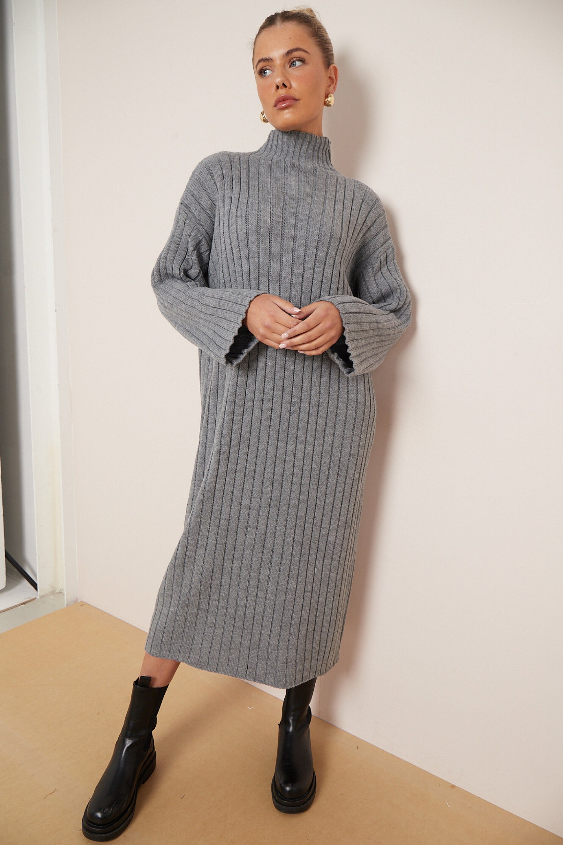 High Neck Knitted Ribbed Dress - Sleek Styles