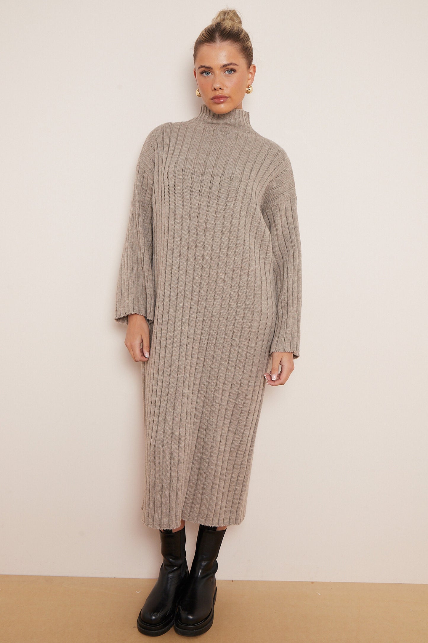 High Neck Knitted Ribbed Dress - Sleek Styles