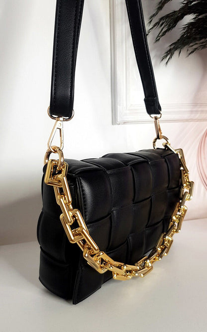 Padded Shoulder Bag with Chain Detail in Black - Sleek Styles