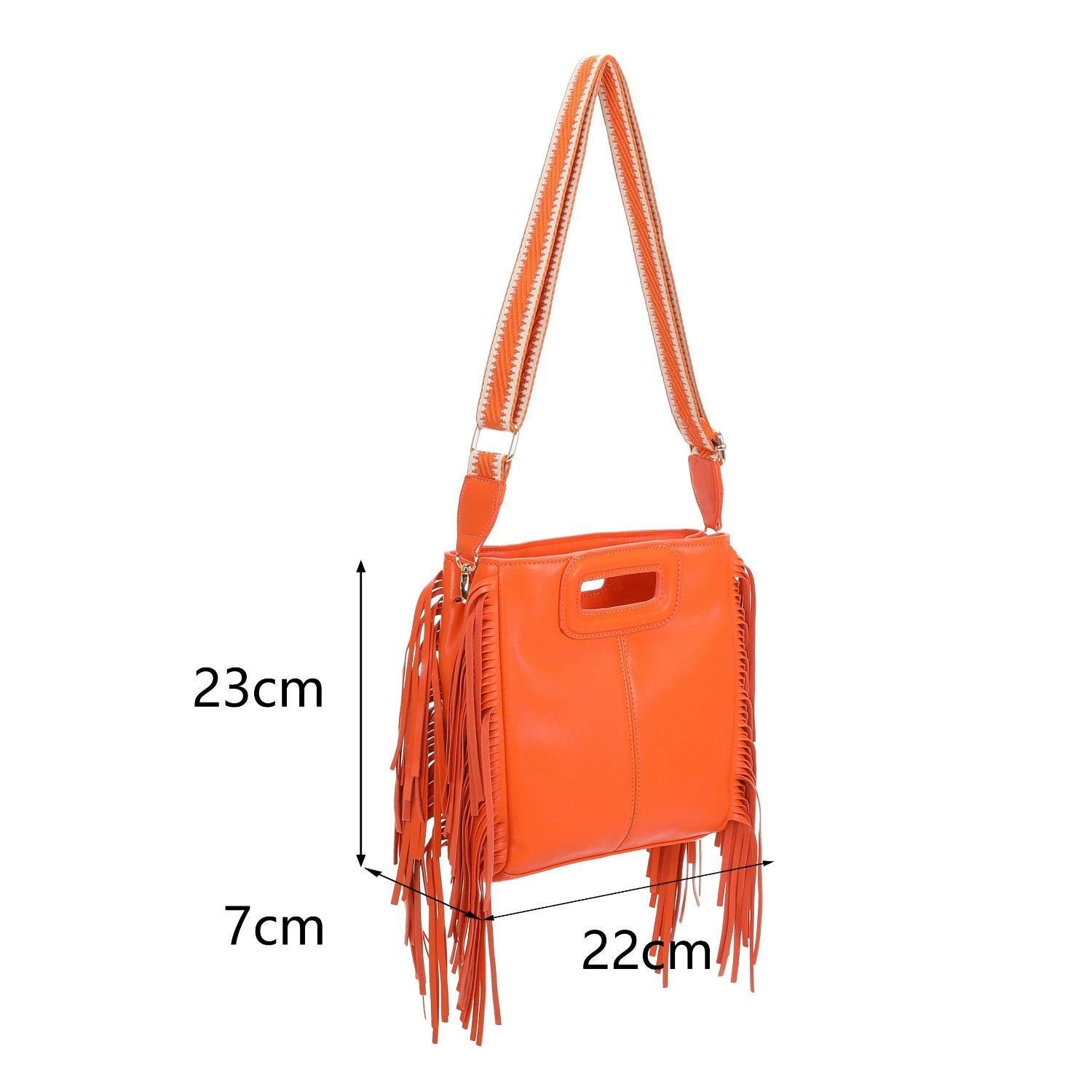 Classic Fringe Tassel Clasp Shoulder Bag With Colourful Strap - Sleek Styles